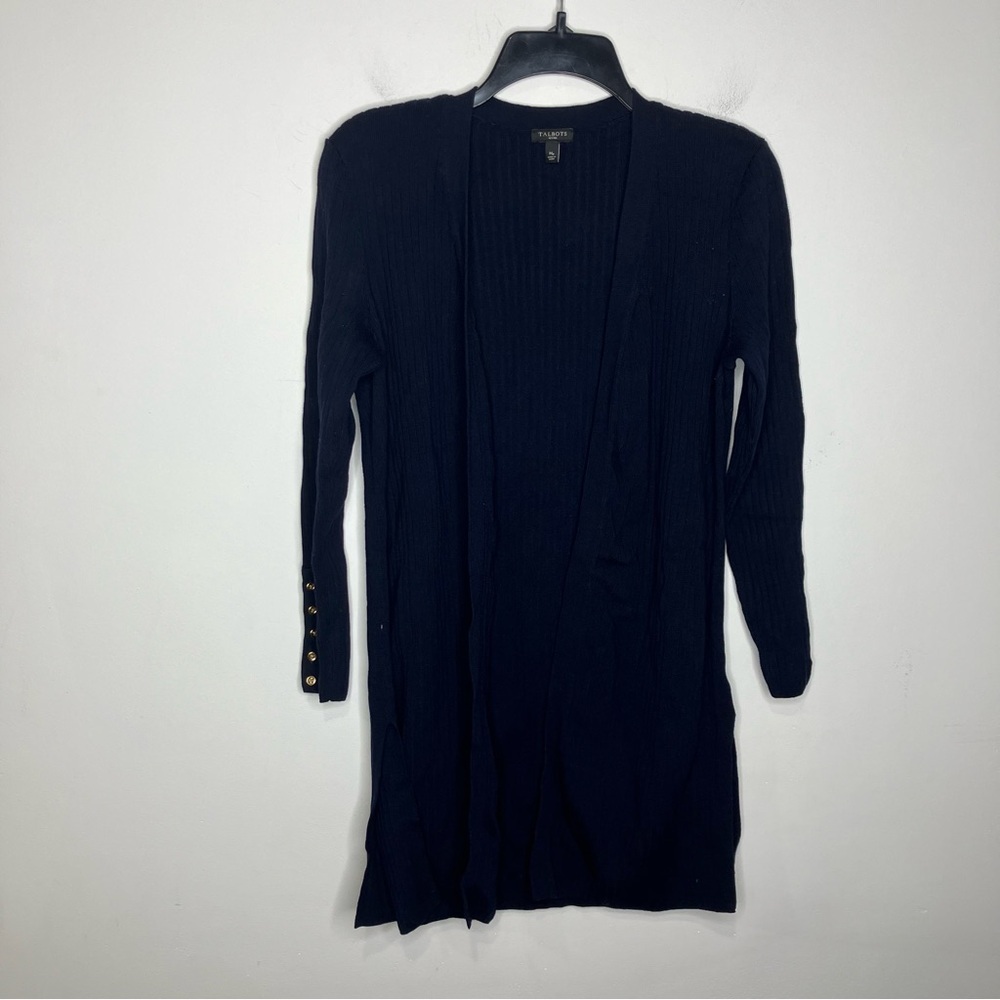 Talbots navy blue ribbed open sweater gold button sleeve detail medium petite